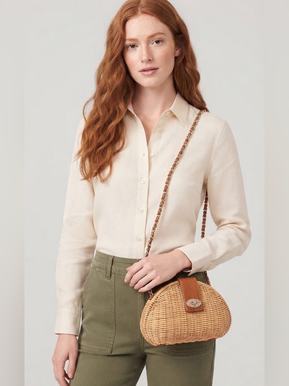 J.McLaughlin Wicker Crossbody Bag Natural Rattan Saddle Brown Leather Chain Stra